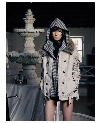 Striped Detachable Hood Double Breasted Fur Texture Jacket