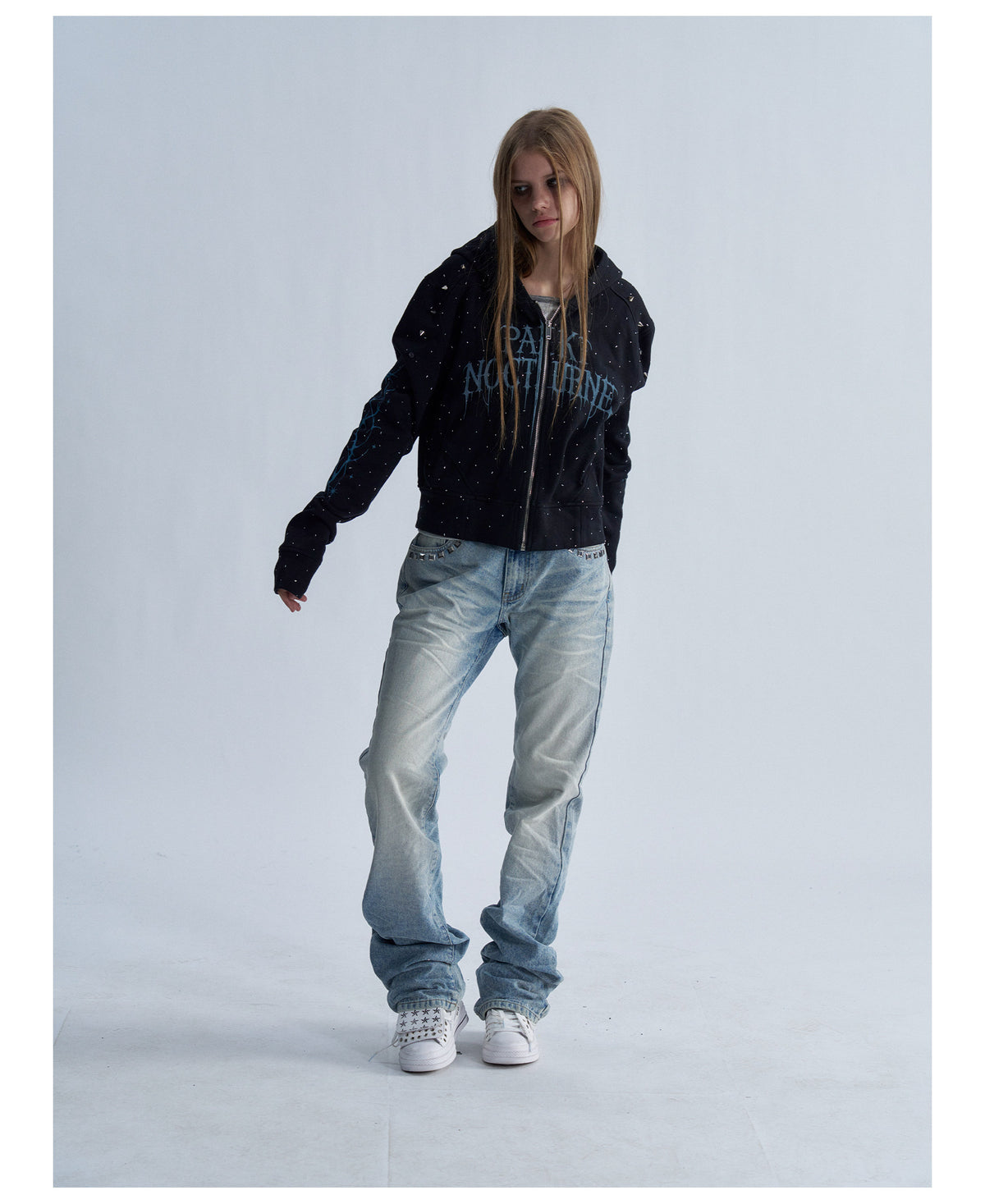Rhinestone Graphic Cropped Zip Hoodie