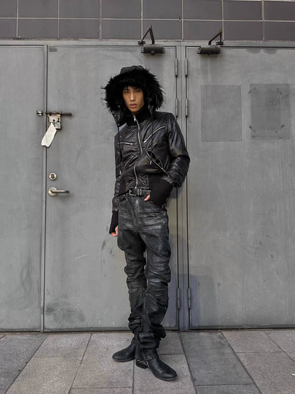 Detachable Fur Collar Cropped Bomber Jacket