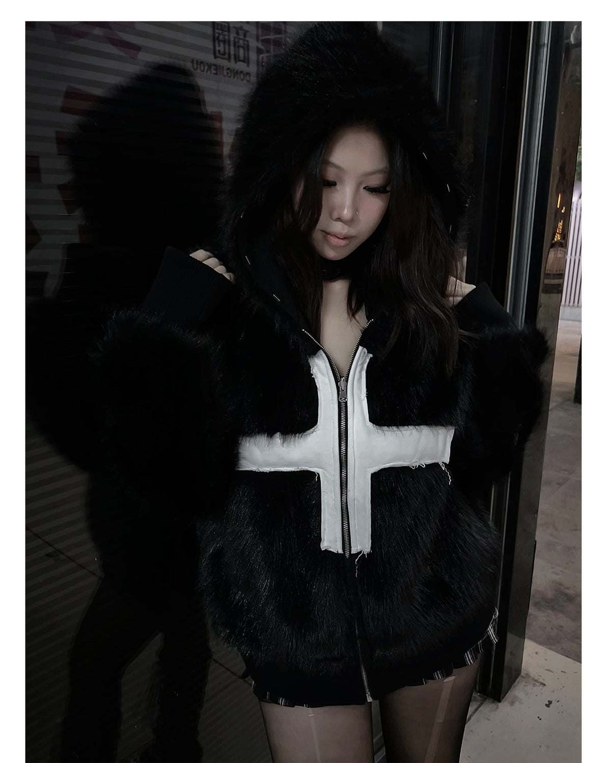 Cross Applique Studded Hood Reversible Faux Fur Jacket
