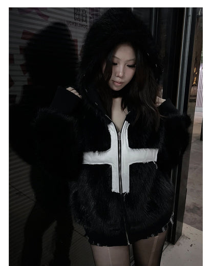 Cross Applique Studded Hood Reversible Faux Fur Jacket