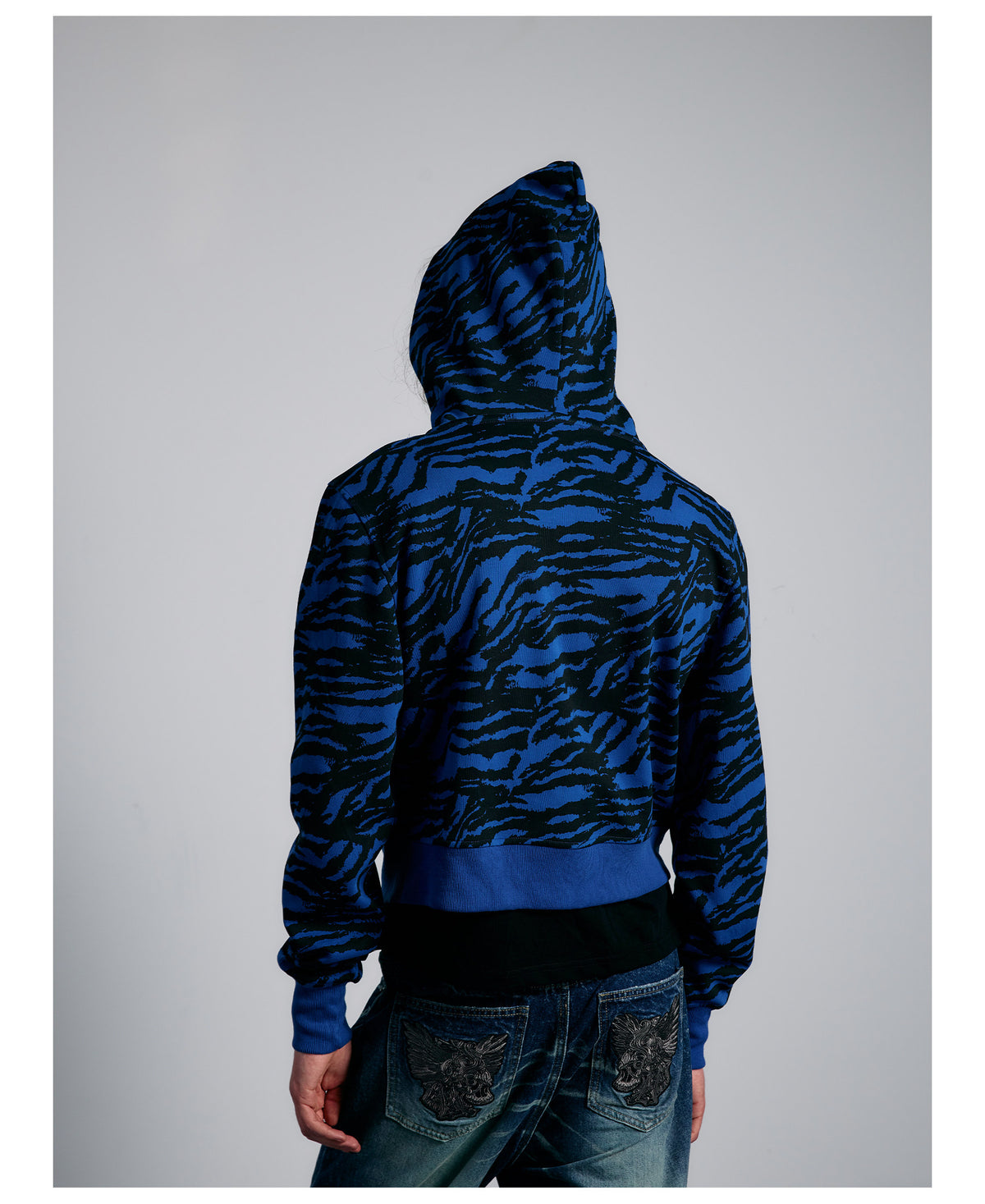 Blue Tiger Stripe Rhinestone Cropped Zip Hoodie