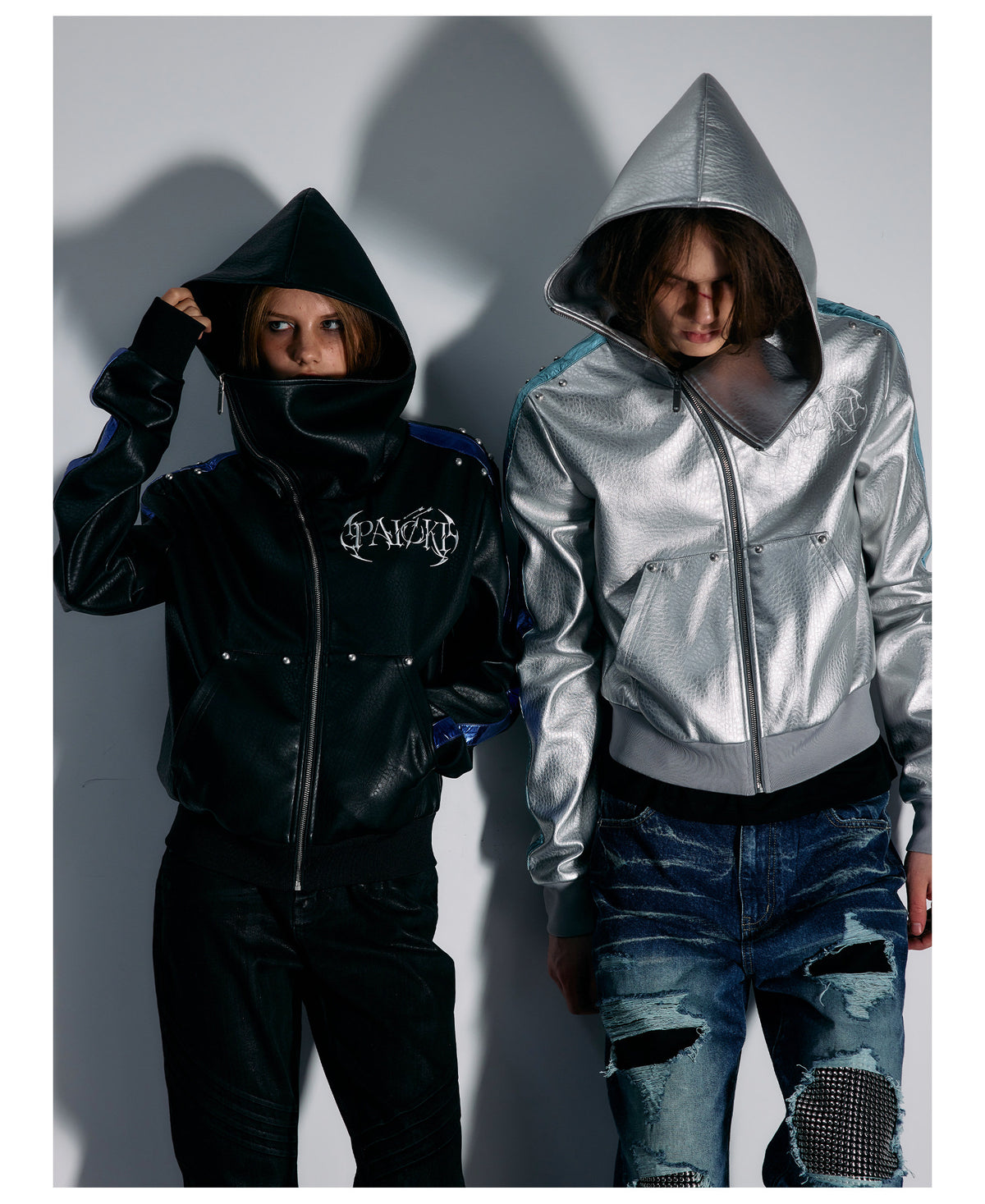 Embroidered Contrast Stripe Hooded Faux Leather Jacket