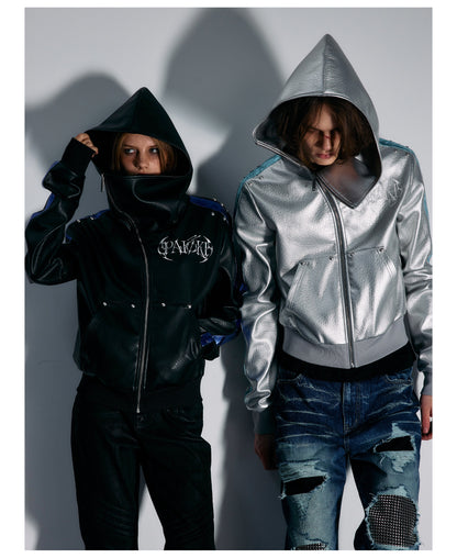 Embroidered Contrast Stripe Hooded Faux Leather Jacket
