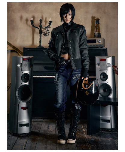 Metallic Faux Leather Detachable Fur Trim Collar Jacket