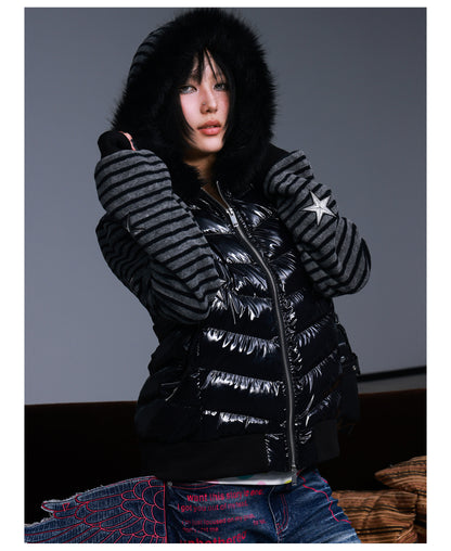 Star Embroidered Striped Fur Trim Hood Padded Jacket