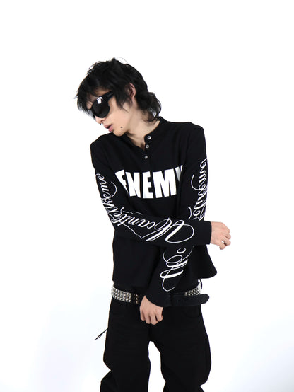 UCAN'TBELIKEME ENEMYロゴ ヘンリーネック長袖Tシャツ ブラック SELFISH