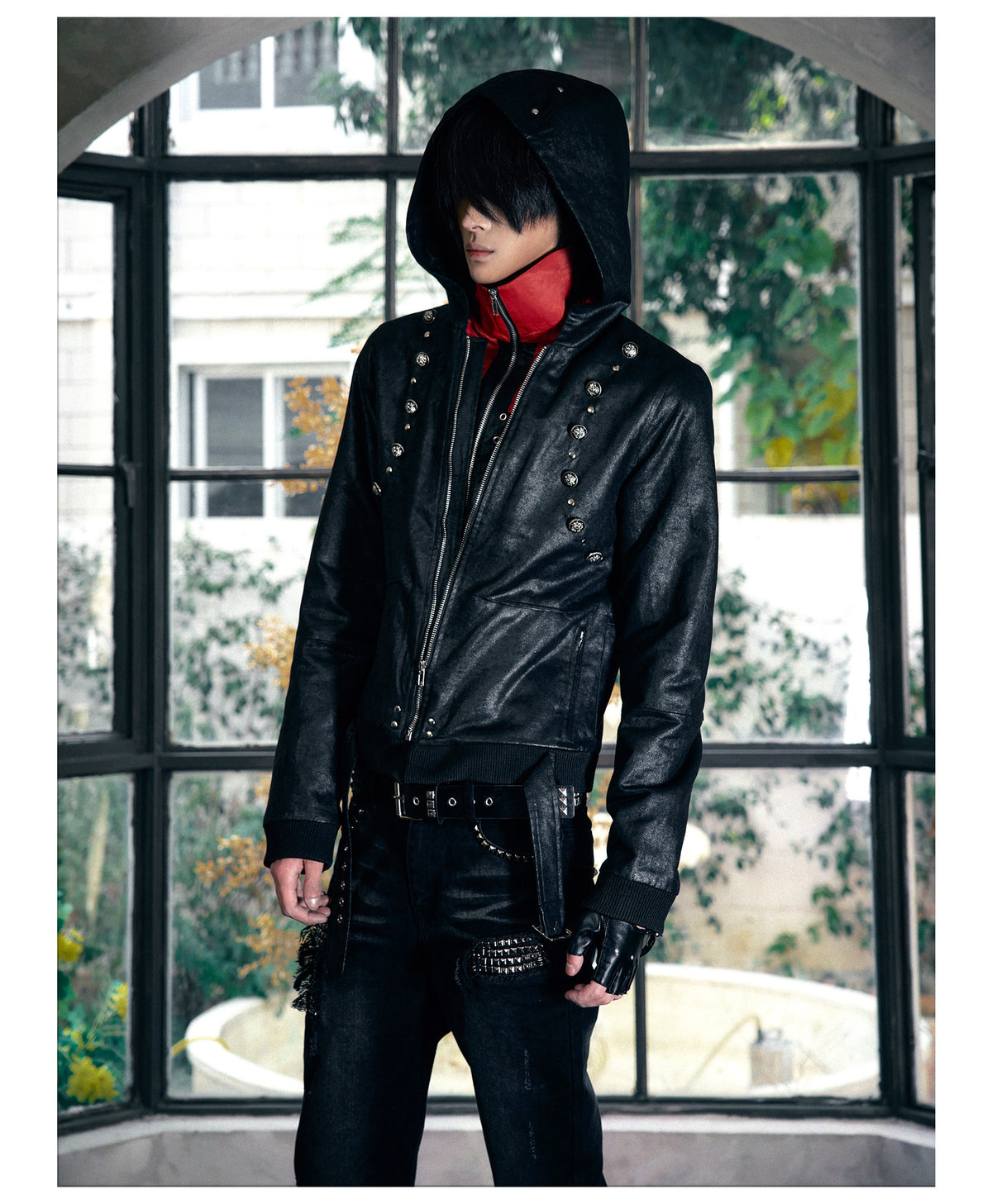 Red Contrast Strap Detail Padded Faux Leather Jacket