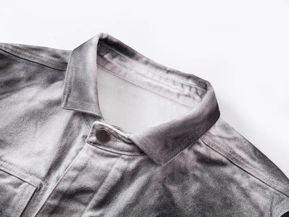 Washed Denim Contrast Faux Leather Sleeve Jacket