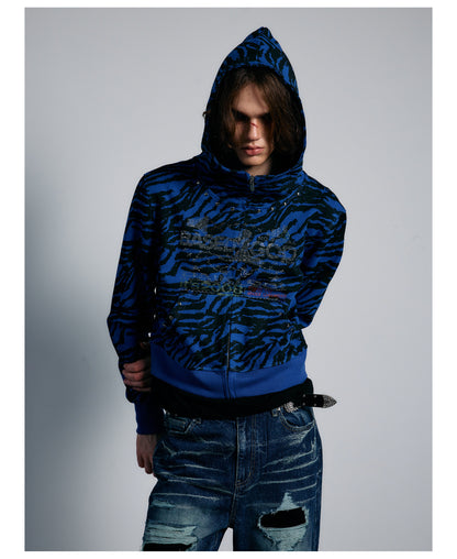 Blue Tiger Stripe Rhinestone Cropped Zip Hoodie