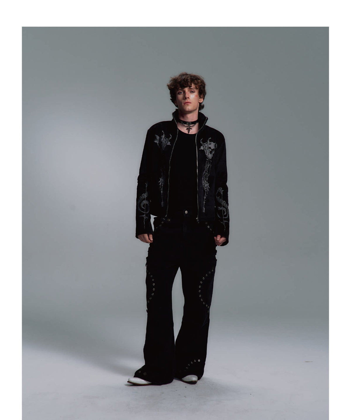 Tribal Graphic Stand Collar Flared Sleeve Velvet Zip Jacket