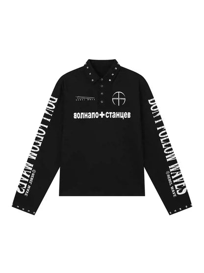 REBEL WAVE クロススタッズ グラフィック長袖ポロシャツ ブラック SELFISH