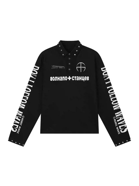 REBEL WAVE クロススタッズ グラフィック長袖ポロシャツ ブラック SELFISH