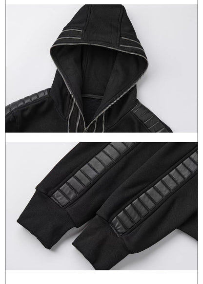 Multi Zip Faux Leather Panel Fitted Hoodie