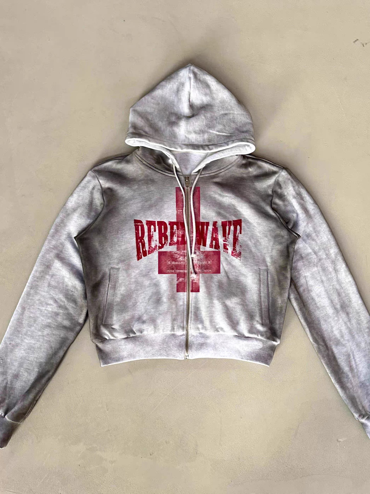 Washed Cross Embroidered Cropped Zip Hoodie