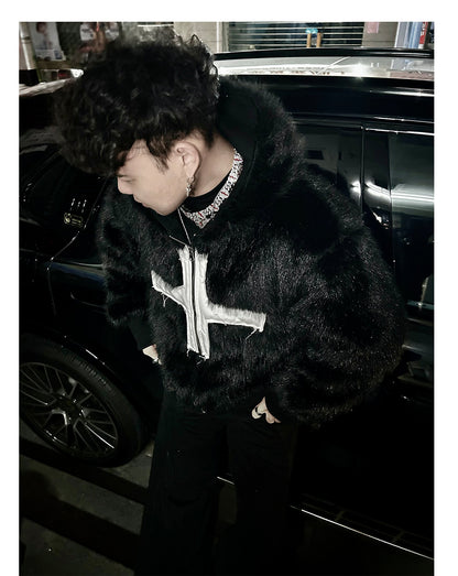 Cross Applique Studded Hood Reversible Faux Fur Jacket