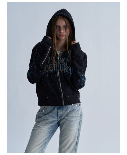 Rhinestone Graphic Cropped Zip Hoodie