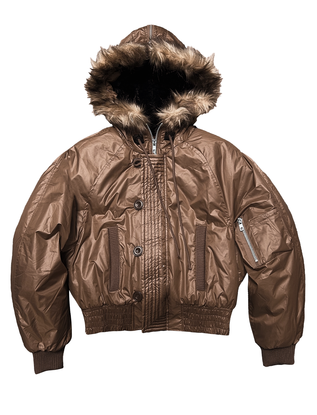 Brown Fur Trim Hood Cropped N2B Bomber Jacket