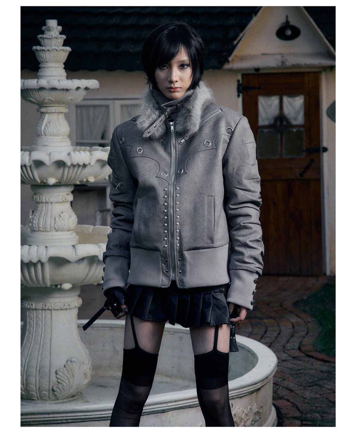 Metallic Faux Leather Detachable Fur Trim Collar Jacket