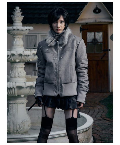 Metallic Faux Leather Detachable Fur Trim Collar Jacket