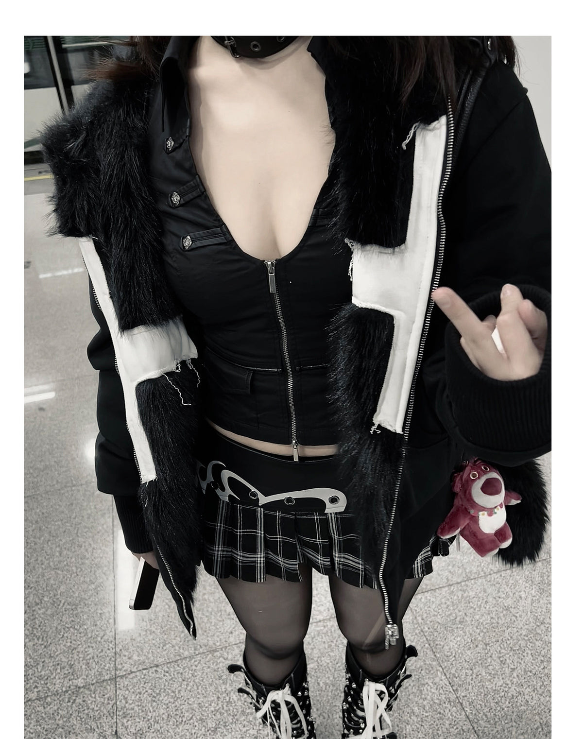 Cross Applique Studded Hood Reversible Faux Fur Jacket
