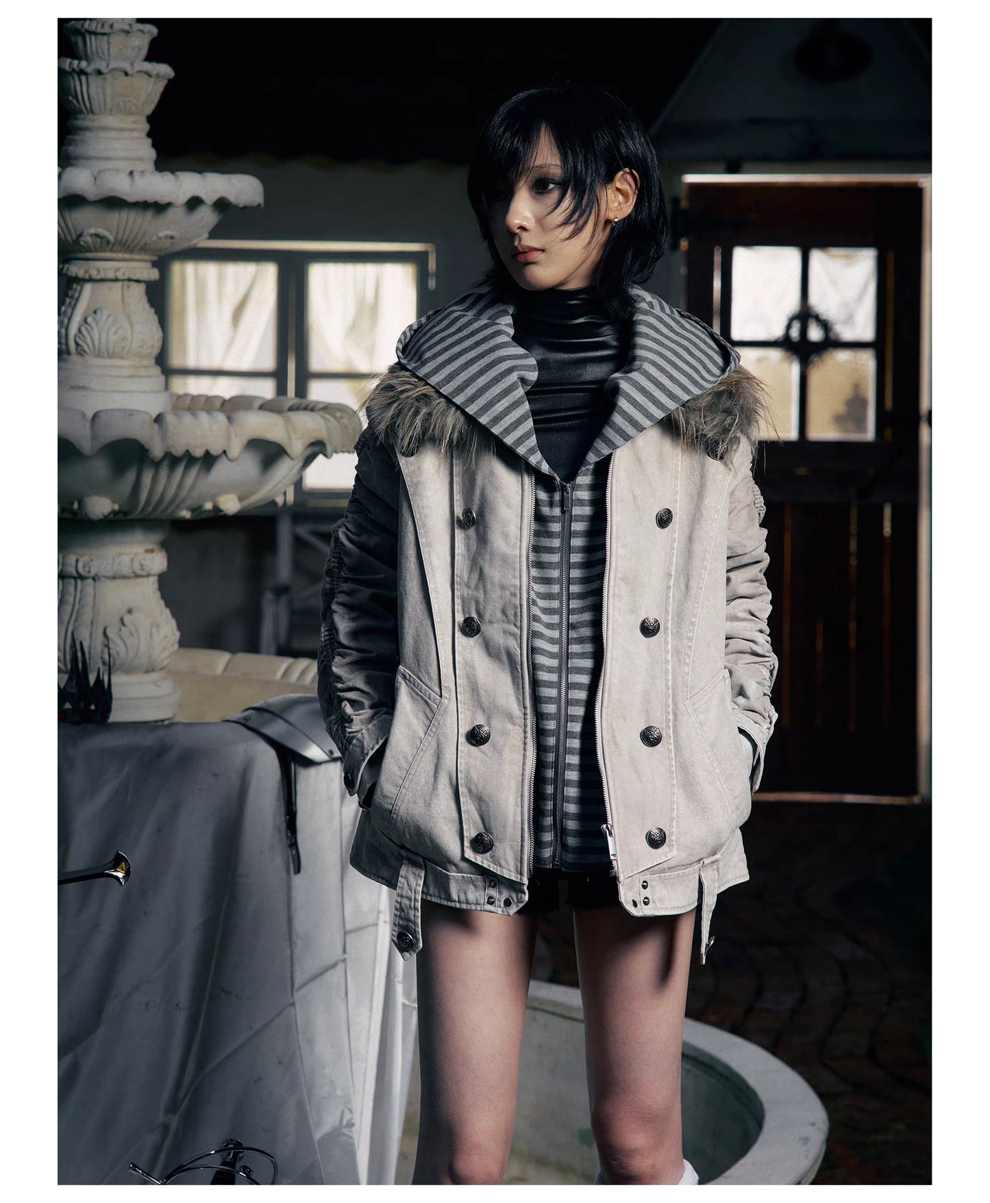 Striped Detachable Hood Double Breasted Fur Texture Jacket