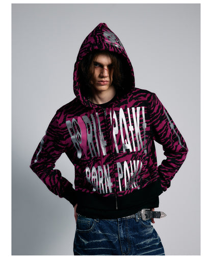 Pink Tiger Stripe Graphic Cropped Zip Hoodie