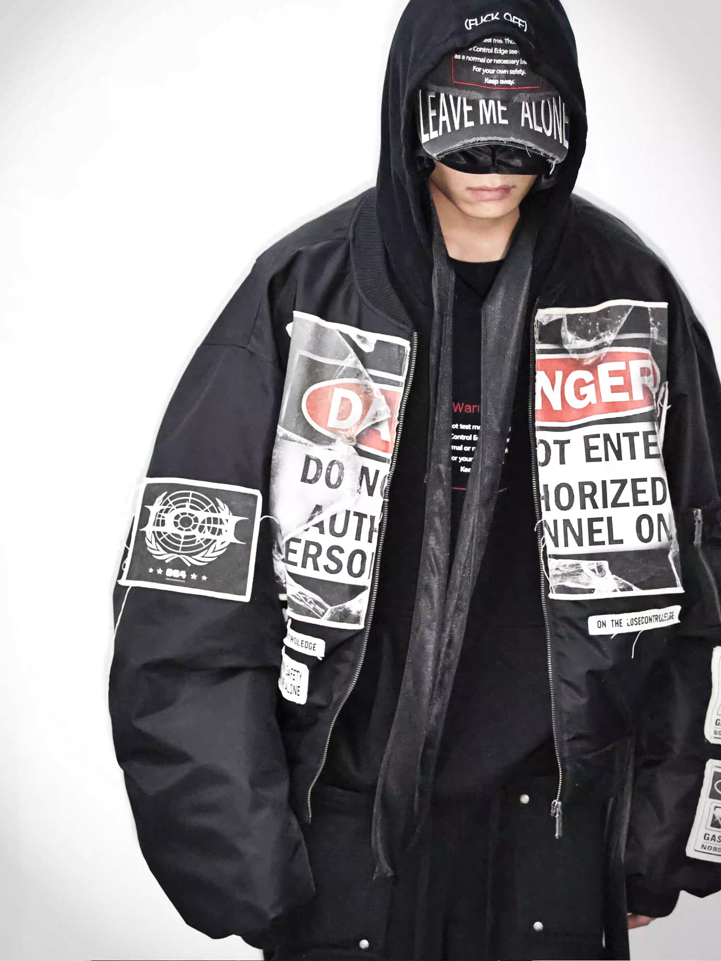 Warning Label Patch Oversized Padded Bomber Jacket
