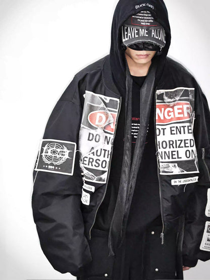 Warning Label Patch Oversized Padded Bomber Jacket