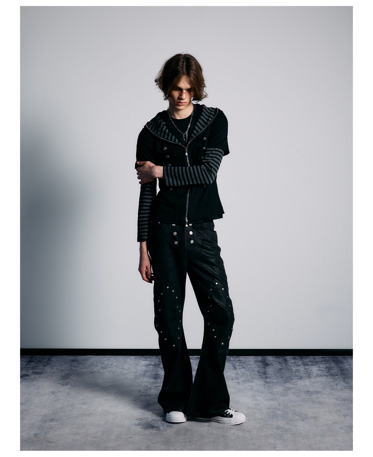 Striped Layered Sleeve Double Row Button Zip Hoodie