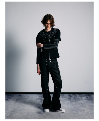 Striped Layered Sleeve Double Row Button Zip Hoodie