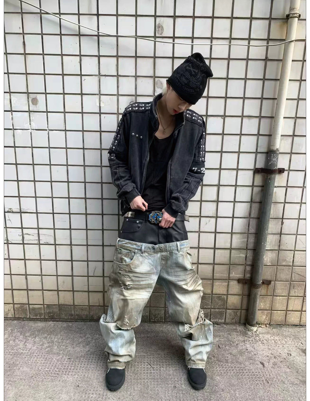 Double-Waist PU Panel Distressed Jeans