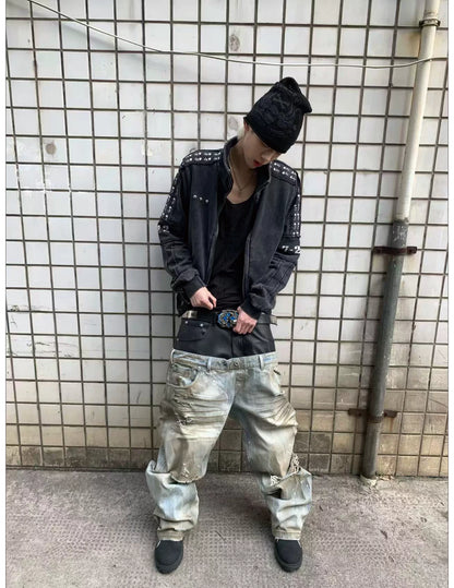 Double-Waist PU Panel Distressed Jeans