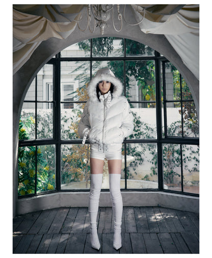 Glossy Fur Trim Hood Cropped Padded Jacket