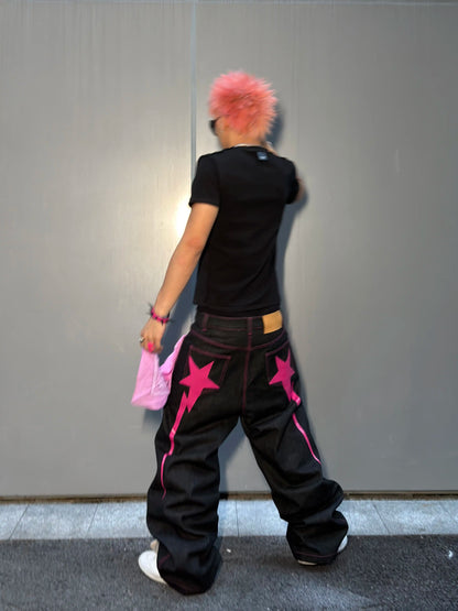 Pink Star Embroidered Wide-Leg Jeans