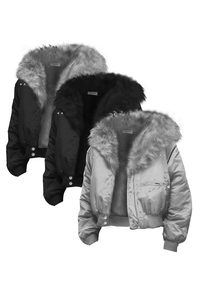 Fur Trim Hood Nylon Bomber Jacket