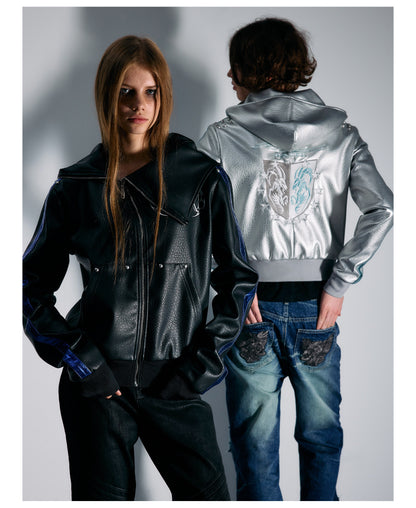 Embroidered Contrast Stripe Hooded Faux Leather Jacket