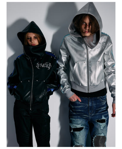 Embroidered Contrast Stripe Hooded Faux Leather Jacket