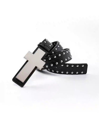 Detachable Cross Charm Studded Leather Belt