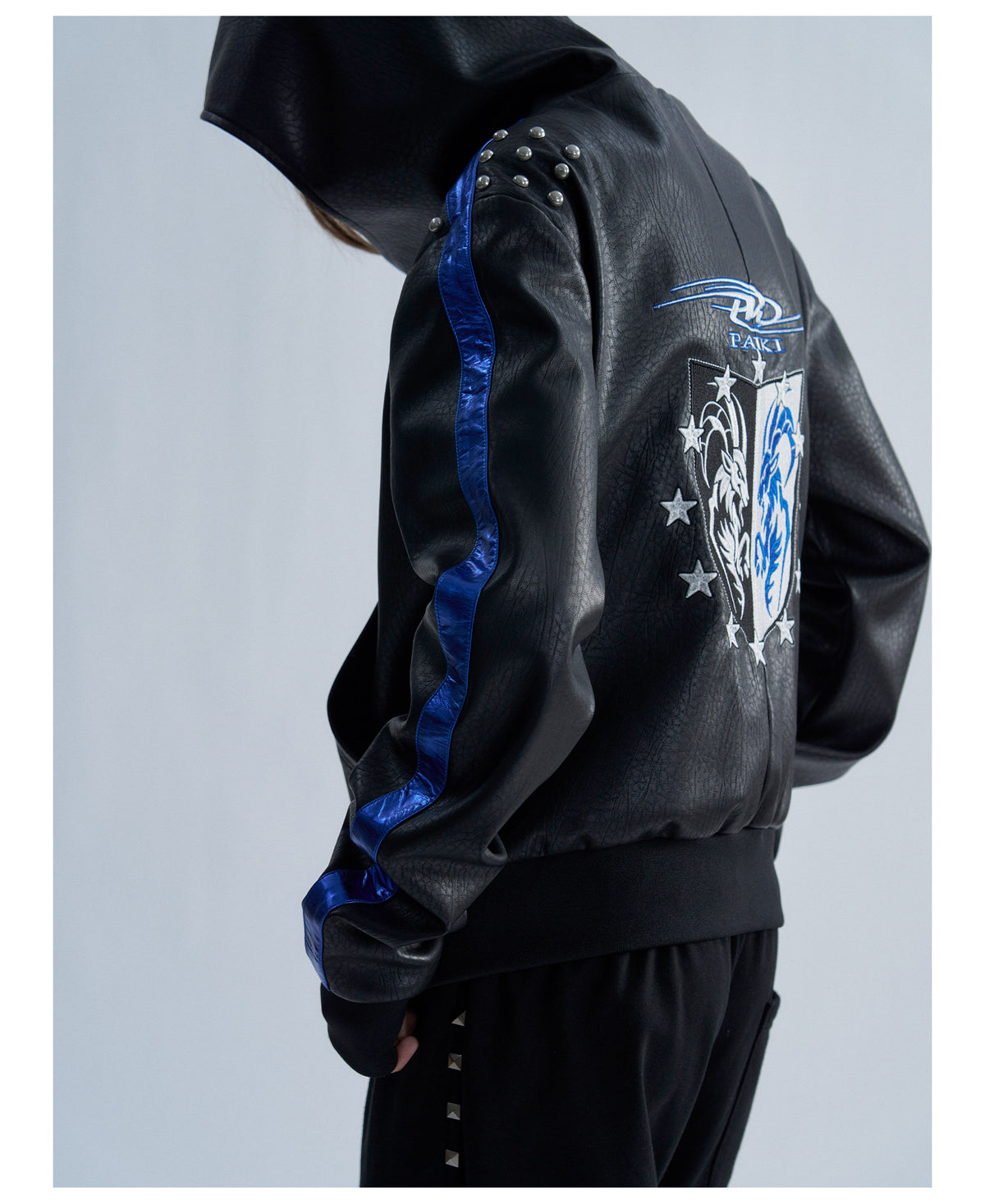 Embroidered Contrast Stripe Hooded Faux Leather Jacket
