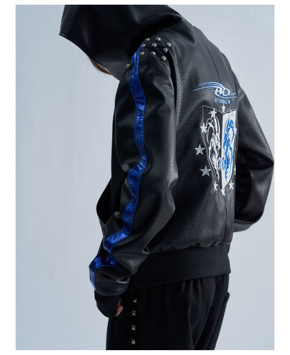 Embroidered Contrast Stripe Hooded Faux Leather Jacket