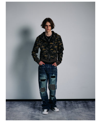 All Over Graphic Print Cropped Zip Hoodie