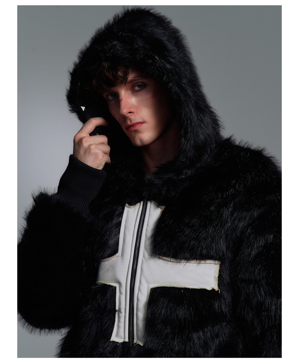 Cross Applique Studded Hood Reversible Faux Fur Jacket