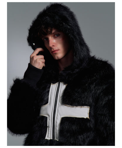 Cross Applique Studded Hood Reversible Faux Fur Jacket