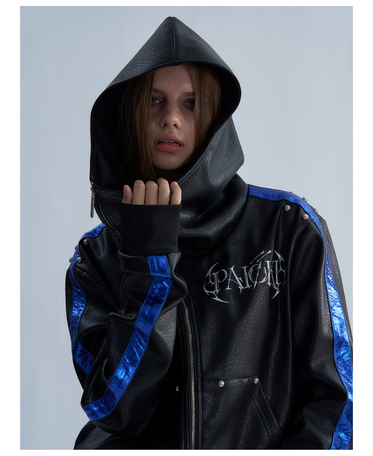 Embroidered Contrast Stripe Hooded Faux Leather Jacket