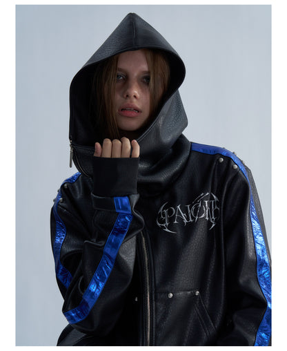 Embroidered Contrast Stripe Hooded Faux Leather Jacket