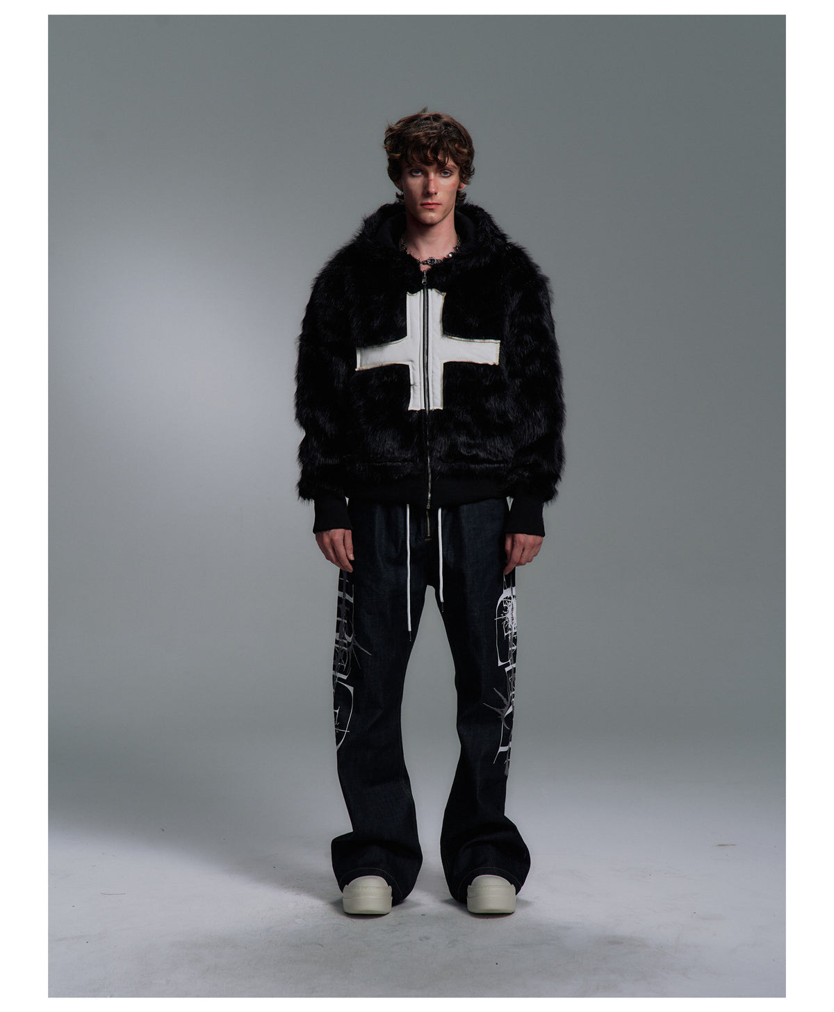 Cross Applique Studded Hood Reversible Faux Fur Jacket