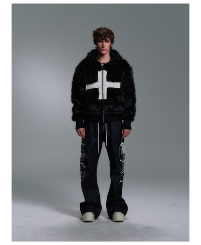 Cross Applique Studded Hood Reversible Faux Fur Jacket