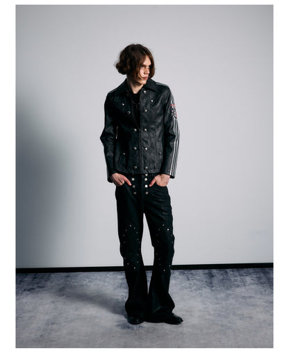 Embroidered Sleeve Stripe Snap Front Faux Leather Jacket