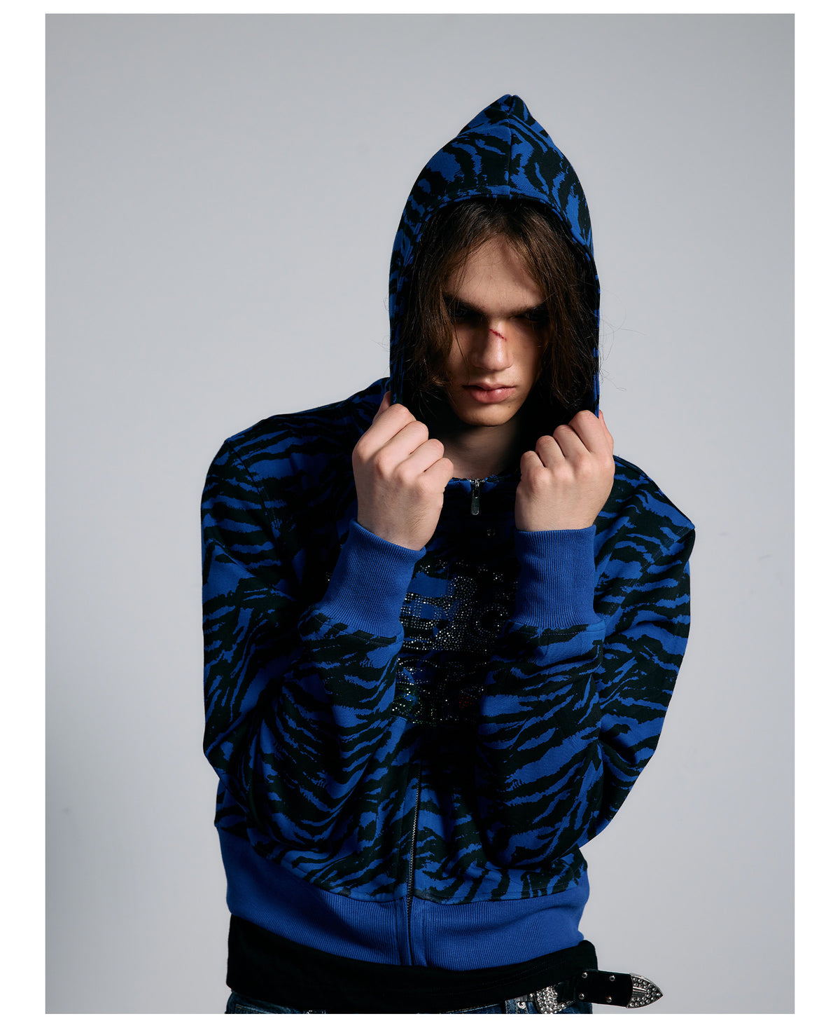 Blue Tiger Stripe Rhinestone Cropped Zip Hoodie